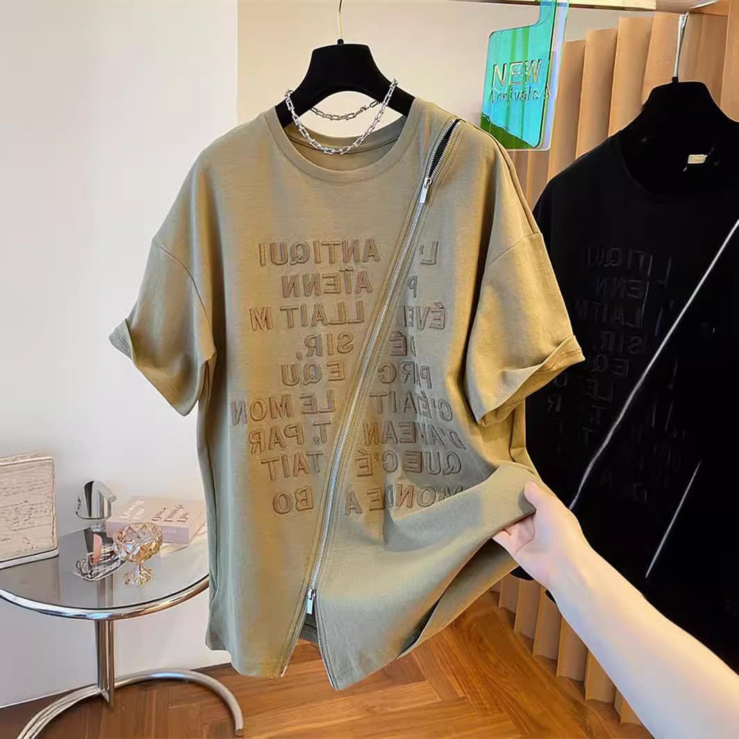 Women's Clothing new loose embroidery pure cotton heavy short-sleeved T-shirt female zipper split top