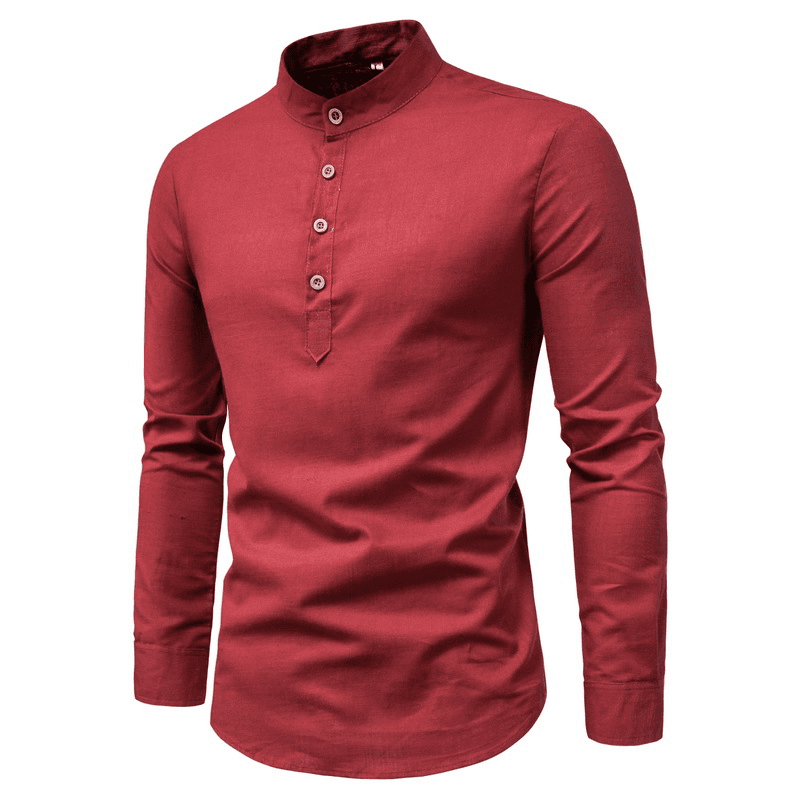 Men's Autumn Cotton Linen Long-sleeved Shirt Solid Color Stand-up Collar Shirt