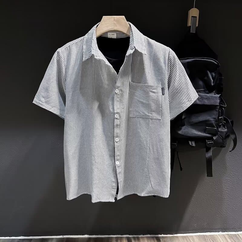 Striped Short Sleeved Shirt, Men's Summer Fashion Label Oversize Casual Lapel Shirt, American Retro Couple Top