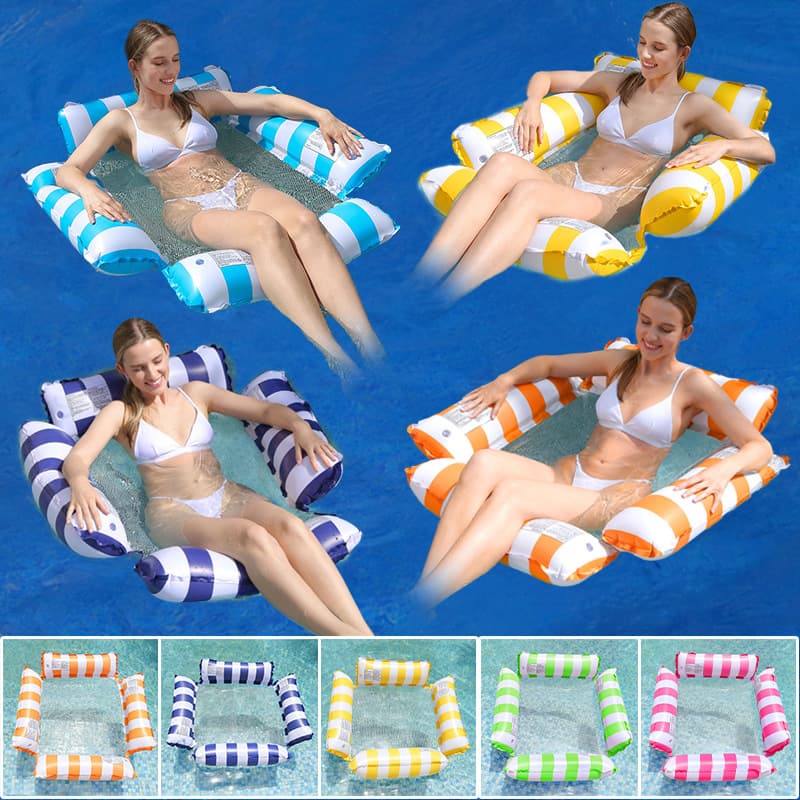 4-Tube Inflatable Lounge Chair With Mesh Seat - Striped Floating Water Hammock For Pool Beach & Lake (Quick-Dry Foldable & Heavy-Duty PVC)​​