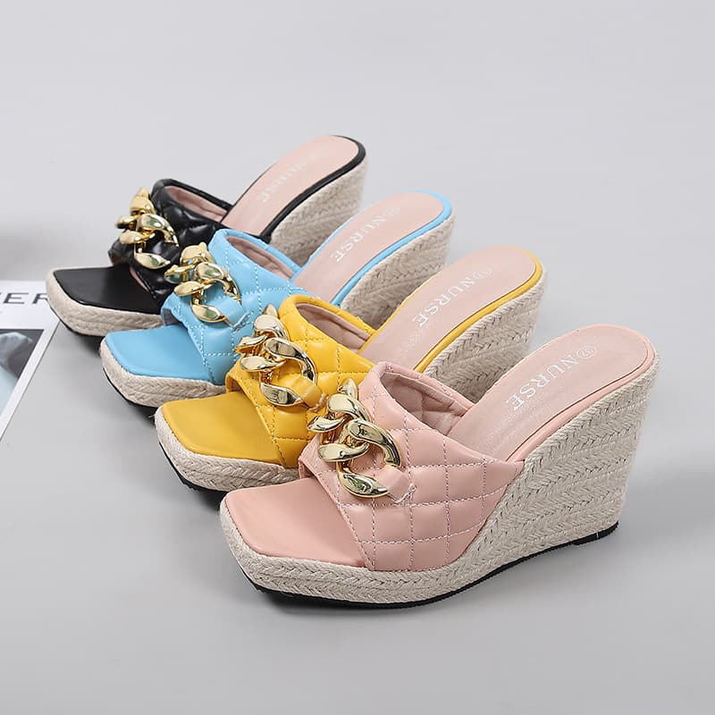 Women’s Shoes New Summer Wedge Sandals Thick Bottom Square Head Open Toe Flip Flops Women Metal Chain Straw Rope Bottom