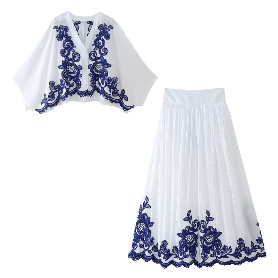 Women's ClothingFashion Contrast Embroidered Shirt + Skirt Set Women