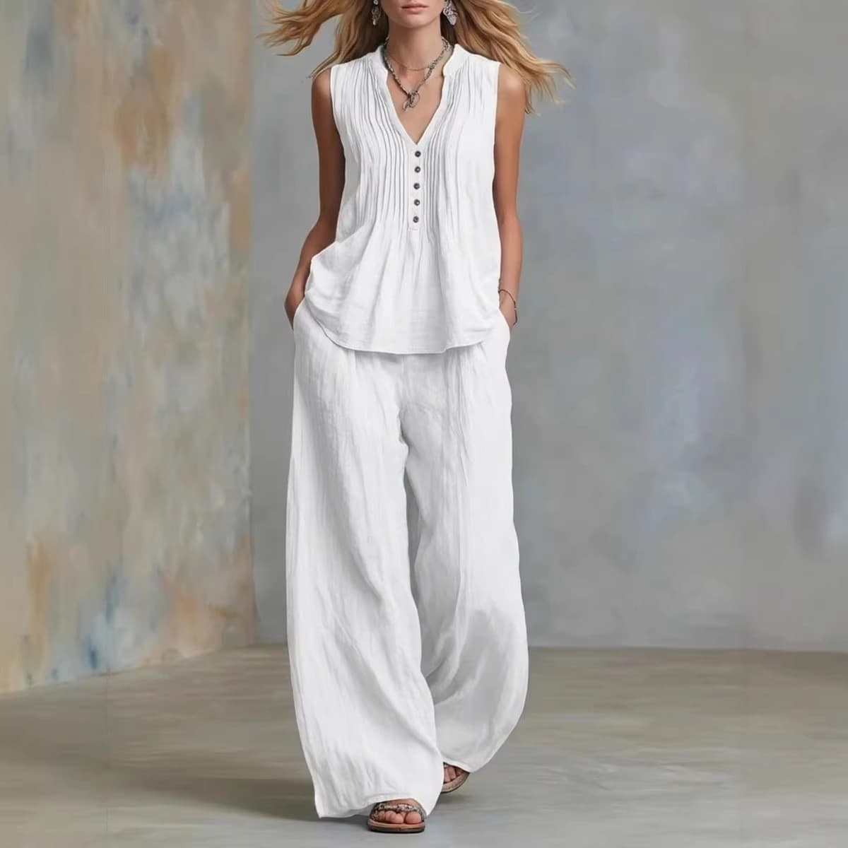 Women's Clothing Women's Pleated Linen Cotton Suit Sleeveless V Neck Casual Solid Color For Formal & Casual For Women