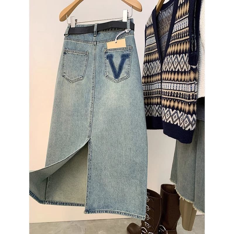 Women's Clothing Early Spring Light Blue Back Slit Skirt Denim Skirt Women New High Waist Slim Fit Medium Length Hip Skirt