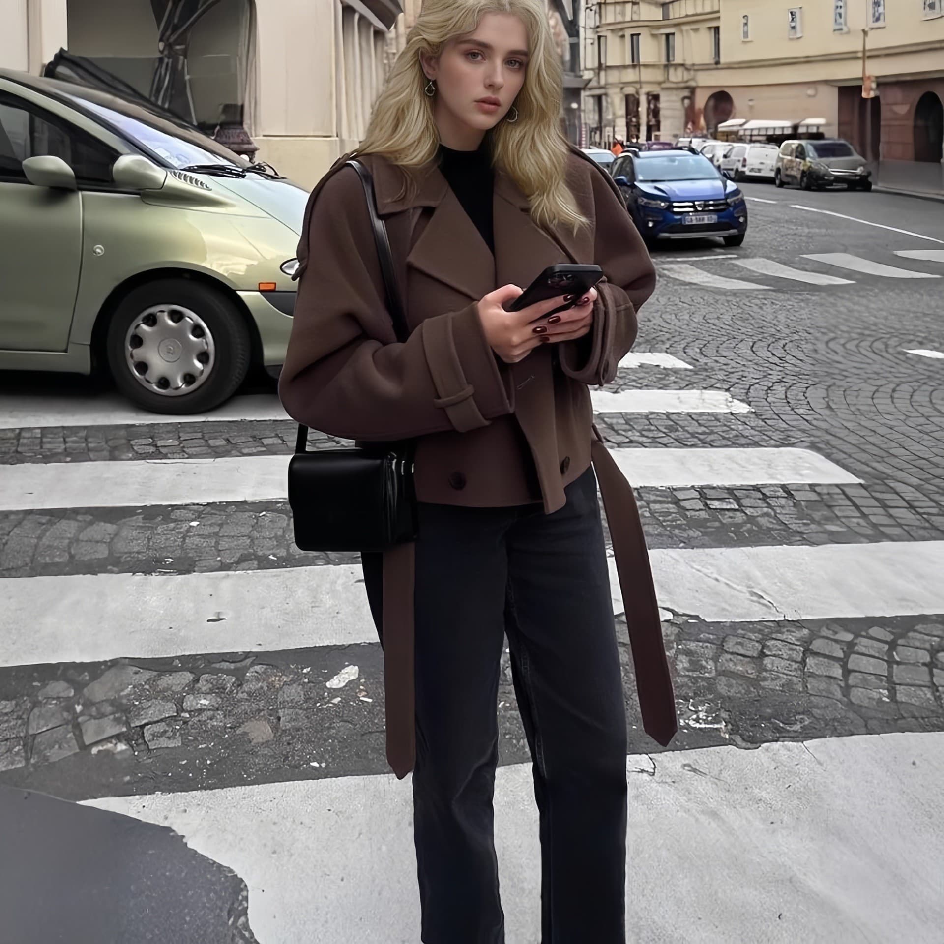 New Cross Border Foreign Trade European And American Women's Clothing Large Lapel Wool Fashion Short Belt Coat Jacket
