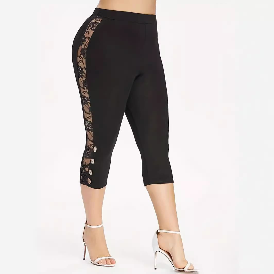 Women's large size leggings, lace hollow splicing design, slim elastic waist, three-point leggings for outer wear