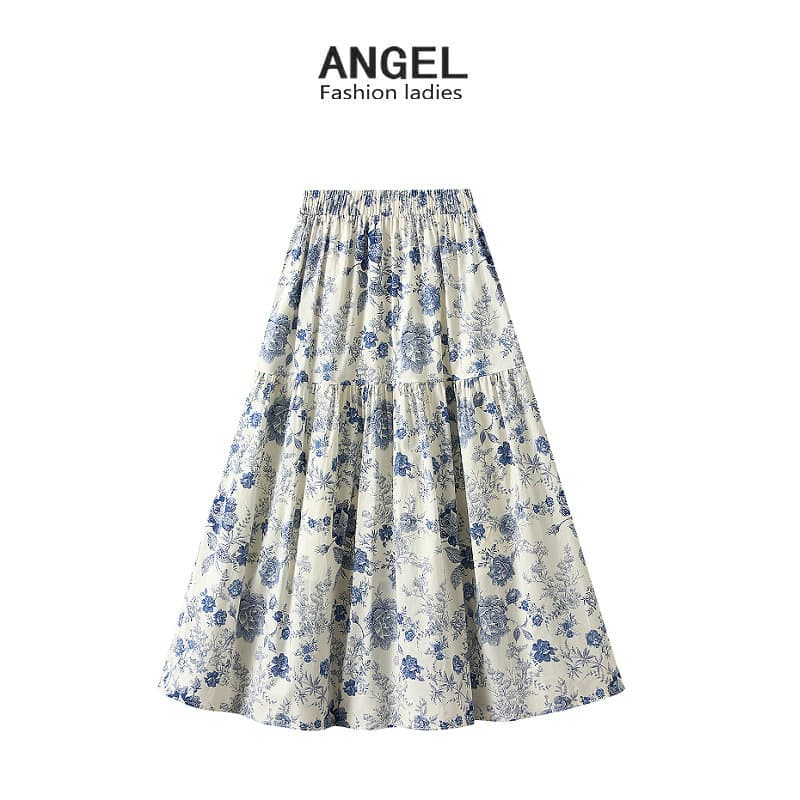 K High-waisted Draped Floral Midi Skirt For Women; Sweet A-line Skirt; Long Dress.