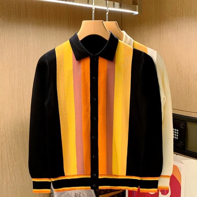 Men's Clothing Autumn and winter new fashionable knitted cardigan sweater jacket men's contrast color striped lapel versatile casual tops trend