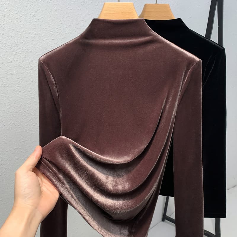 Women's Semi-Turtleneck Slim Fit Long Sleeve Velvet T-Shirt - Soft & Warm Layering Top For Fall & Winter