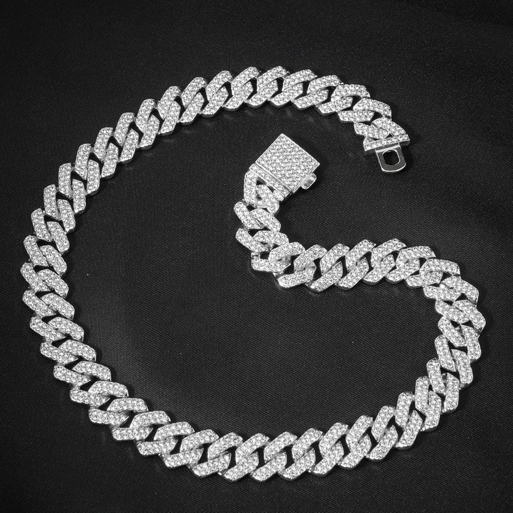 Hip Hop 14MM Full Diamond Rhombus Cuban Men's Necklace Exaggerated Clavicle Chain Choker Accessories