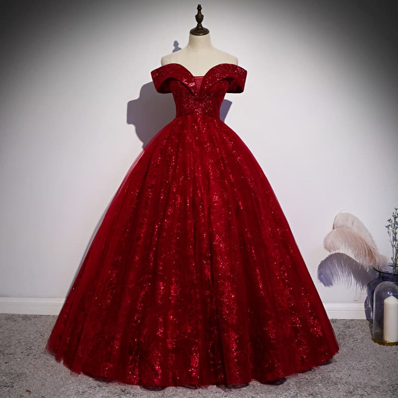 Scarlet Off-Shoulder Ball Gown – Elegant Corset-Back Prom Dress For Hosts, Pageants & Black Tie Events (Stretch Polyester, XS-XXXL)
