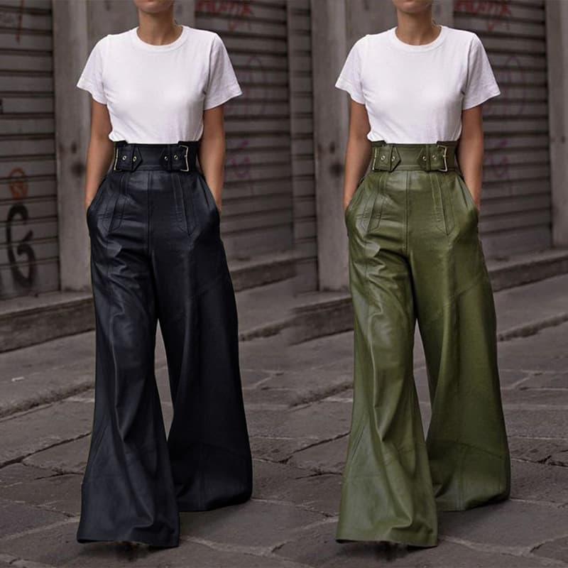 Women's Clothing Leather Pants High Waist Loose Pocket Waist Pu Leather Flared Pants Casual Trousers