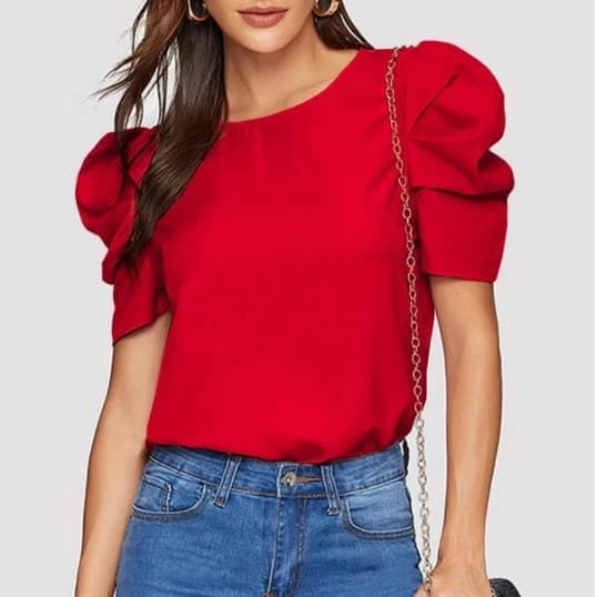 Women's Slim Fit Round Neck Blouse Lantern Sleeve Casual Elegant Fashion Top With Buttons Solid Color American Style For Spring/Autumn Summer