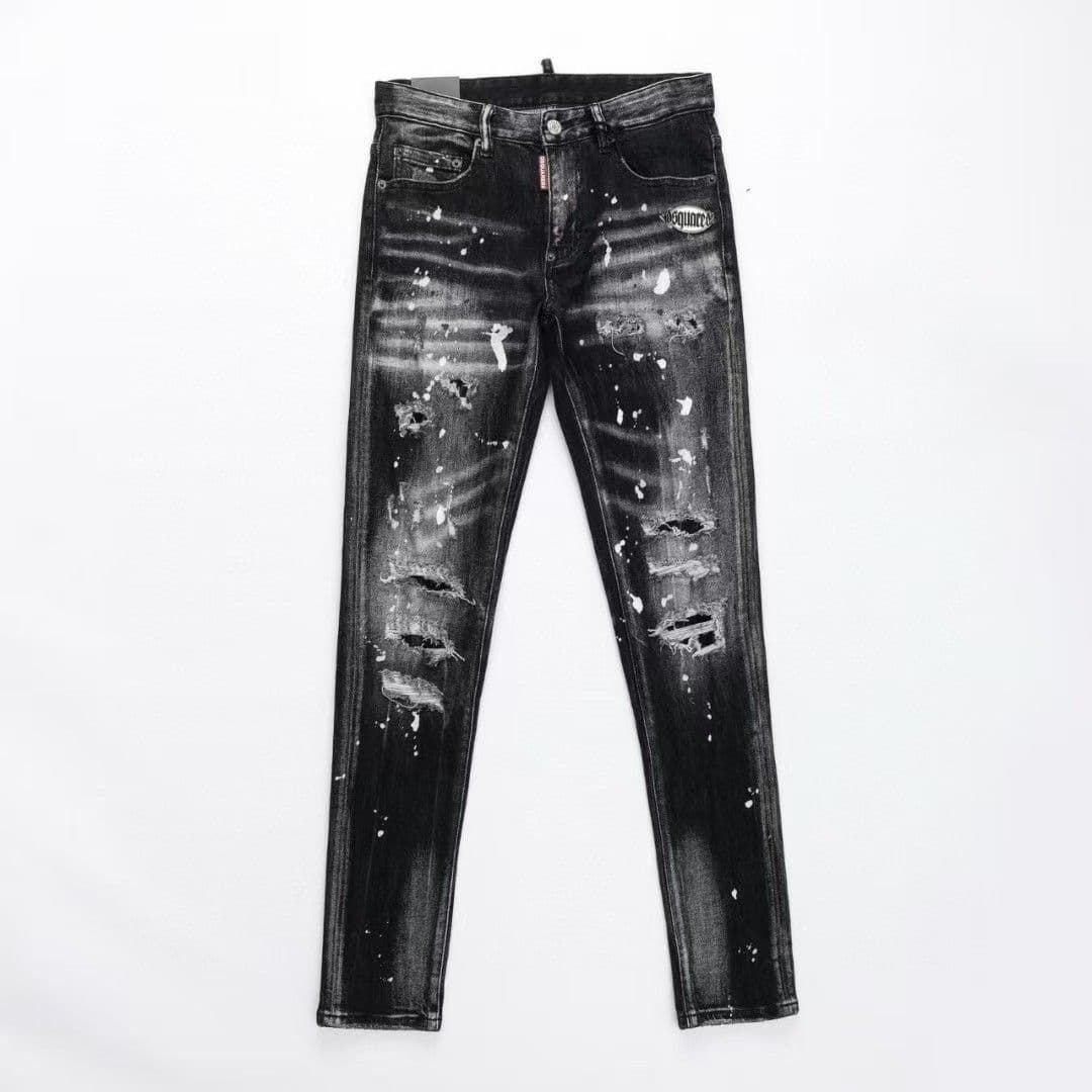 Men's Slim Fit Skinny Jeans Ripped Paint Splatter Design Patchwork Mid Waist Long Pants With Slight Stretch Elasticity
