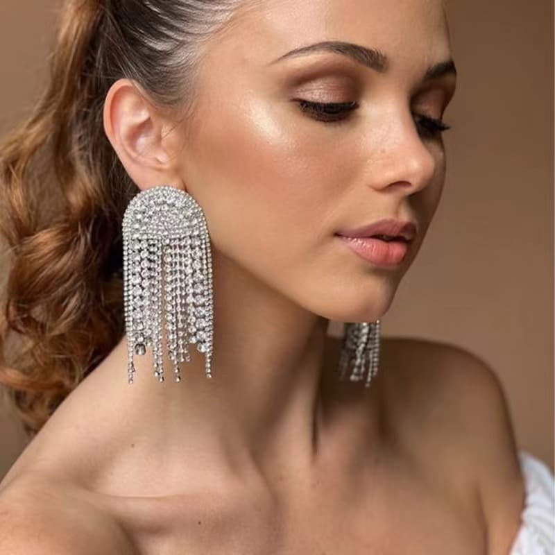Fashion rhinestone earrings personality arched tassel earrings