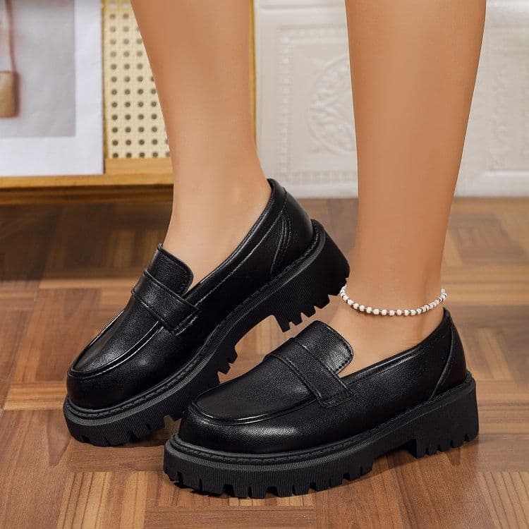 Loafer Shoes Women's New Small Leather Shoes Thick Sole Muffin Casual Round Head Black Thick Sole Single Shoes