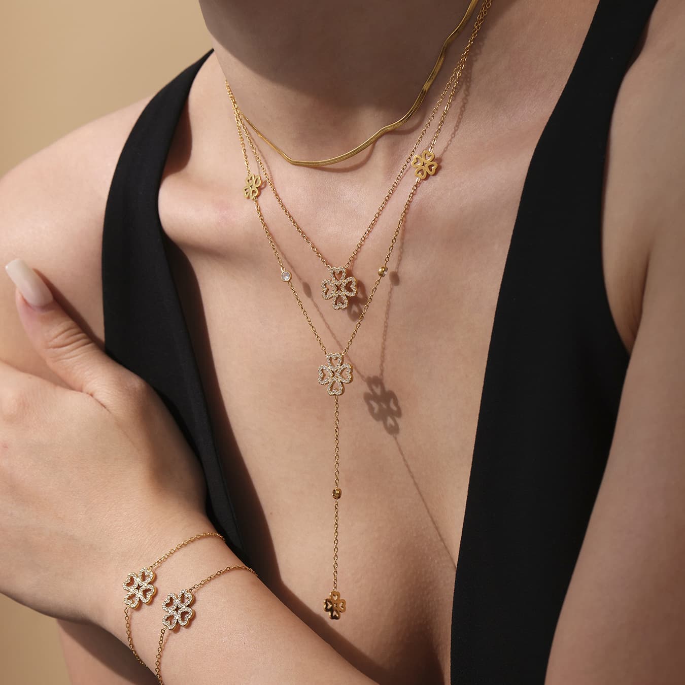 18K Gold Plated Stainless Steel Zircon Heart Lucky Four Leaf Clover Tassel Clavicle Necklace Bracelet Set