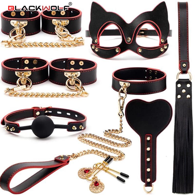 Bondage Set BLACKWOLF Made Of Genuine Leather, BDSM, Fetish, Handcuffs, Collar, Gag, Whip, Erotic Games Couples,