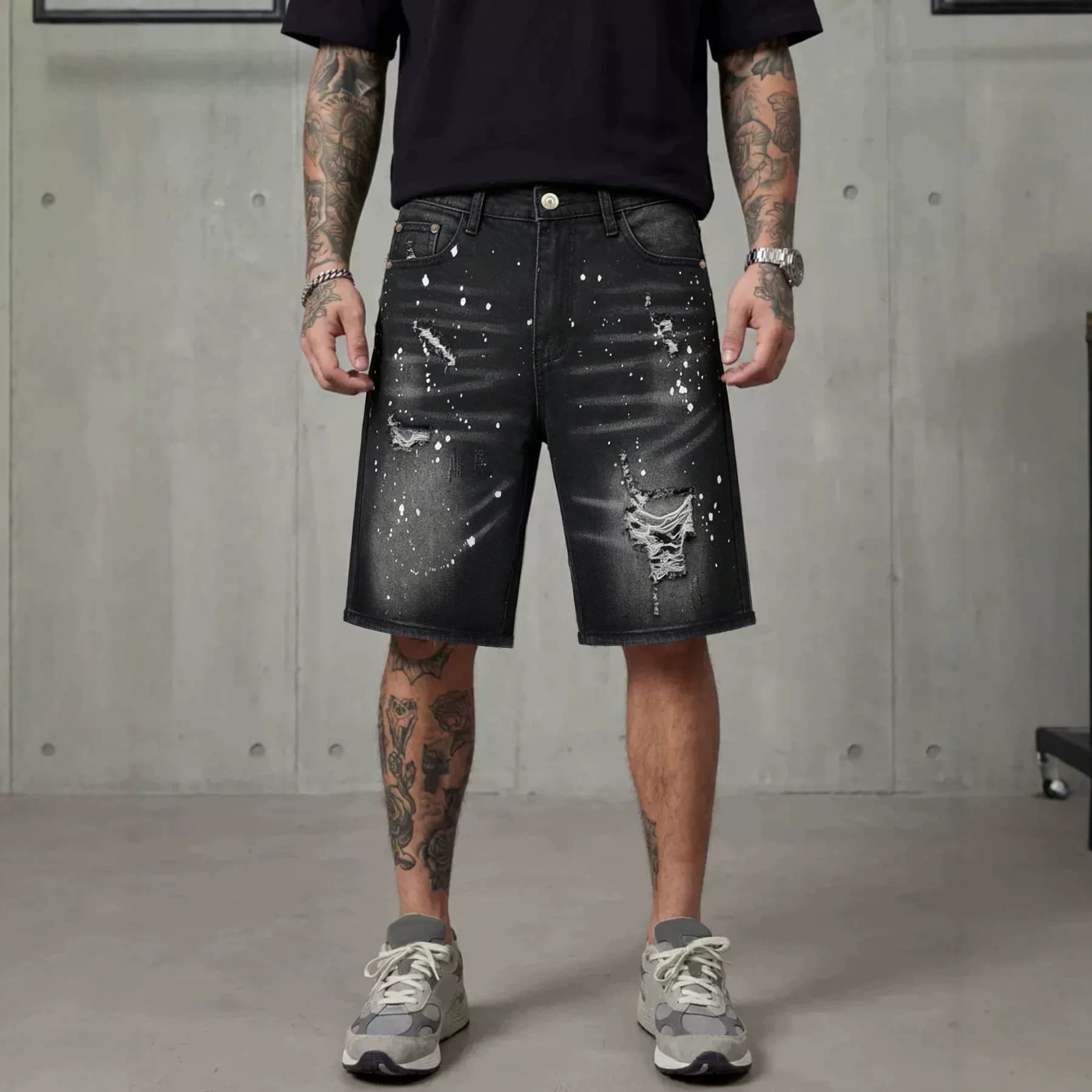 Men's Distressed Patchwork Acid Wash Denim Shorts 5-Inch Inseam Casual Streetwear Cotton Stretch High Street Fashion
