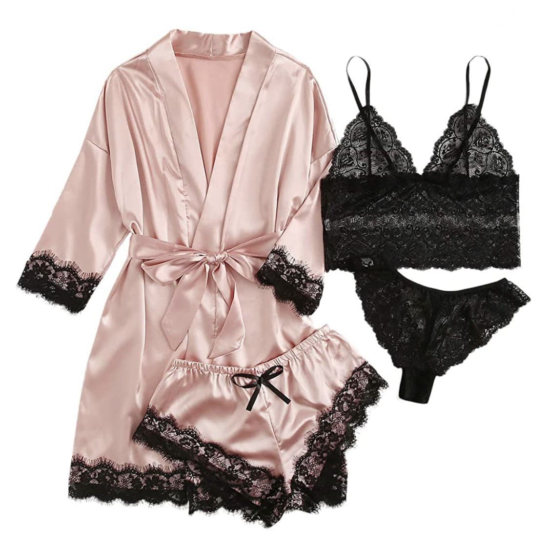 Women's Pajamas 4 Piece Lace Suspender Pajamas Women's Summer Suit With Nightgown Nightgown