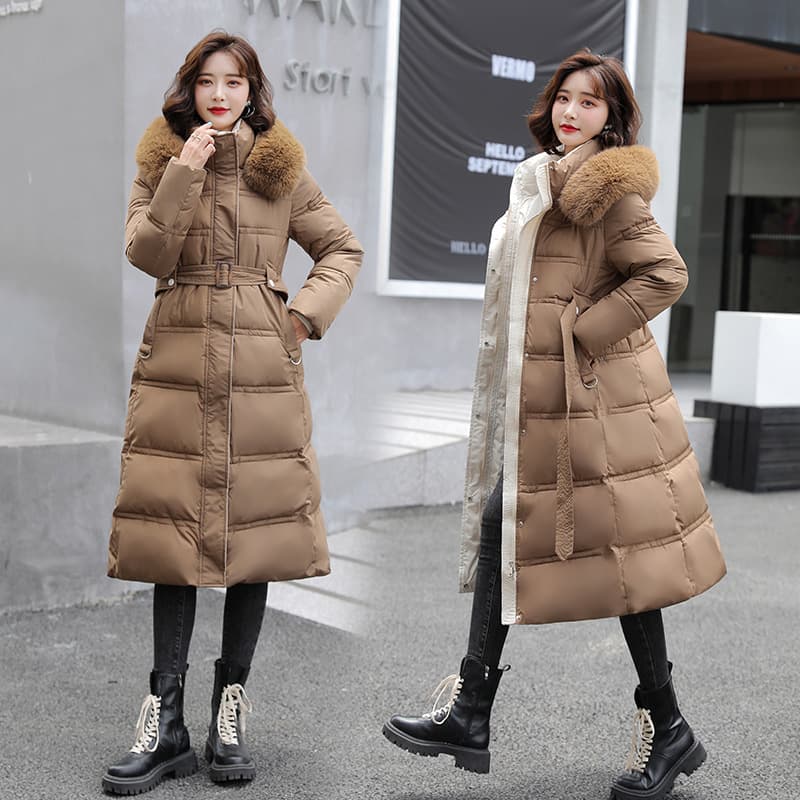Women's Clothing slim fit winter cotton coat with fur collar and belt thin cotton coat version coat winter coats cotton coat large fur