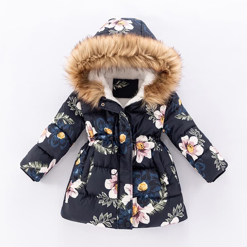 Girls' Floral Print Thickened Winter Coat With Hood, Soft Polyester Filling, High Collar, Zipper Closure, For Toddler To Kids (100-160cm)