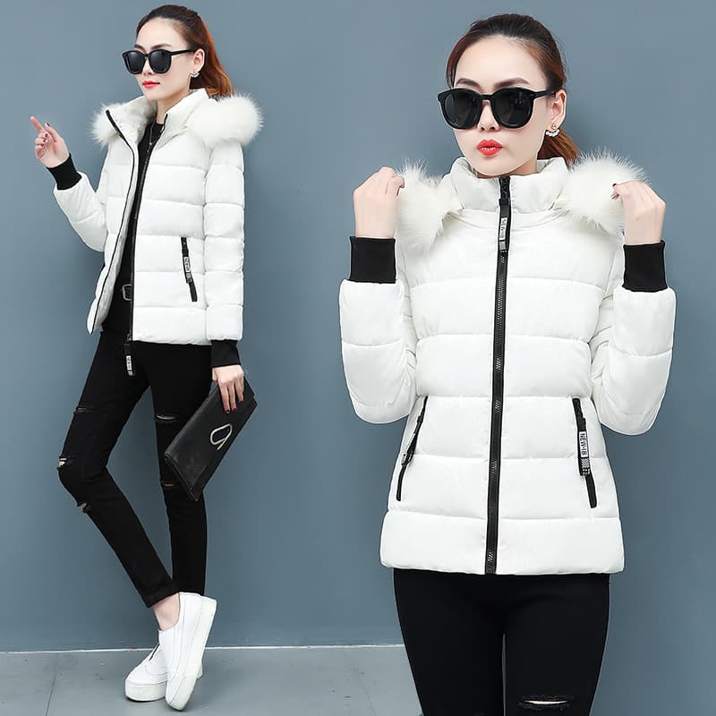 Women's Winter Jacket With Detachable Faux Fur Collar, Slim Fit Short Padded Coat, Thickened Warm Quilted Outerwear Petite Casual Office Style