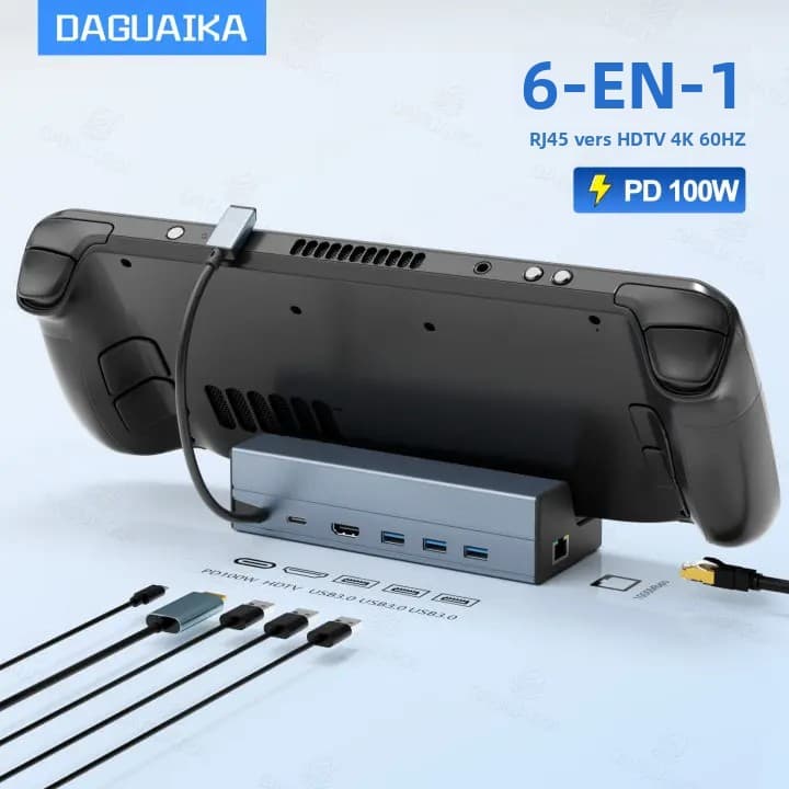 Deck Dock 6 In 1 Steam Deck/Rog Ally 2023 Docking Station Stand 3*USB 3.0 HDTV 4K@60Hz Gigabit Ethernet PD 100W Hub
