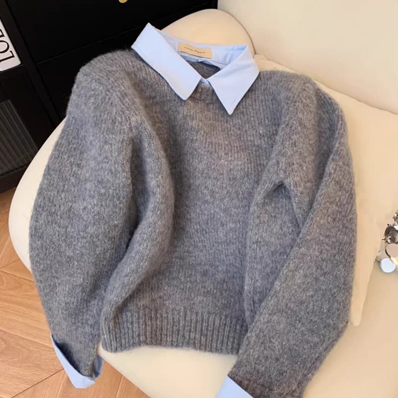 Shirt Collar Sweater For Women New Style Inner Wear Lazy Style Contrast Color Lapel Gray Knit Sweater Top