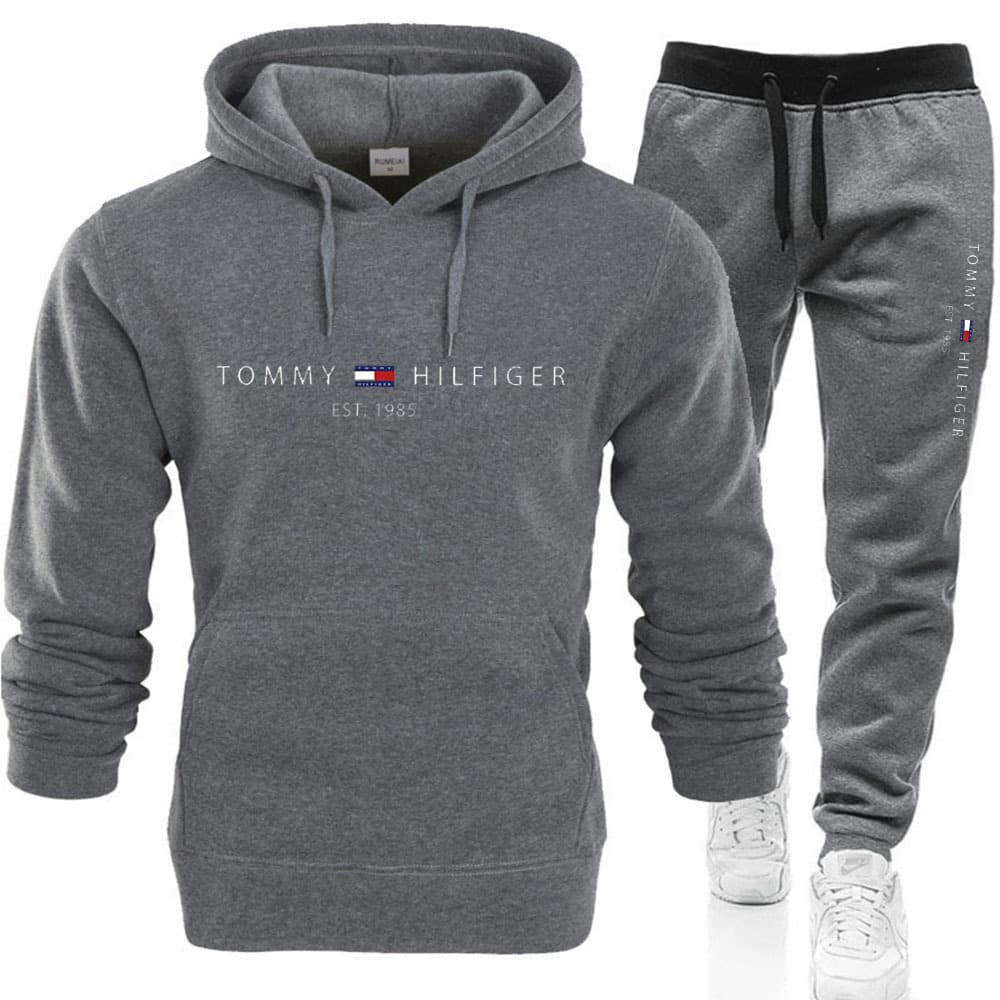 PQ Automne Hiver Hommes Pull Plus Polaire À Capuche Costume Imprimé Couleur Unie Pull Sport Ensemble 2 Pièces