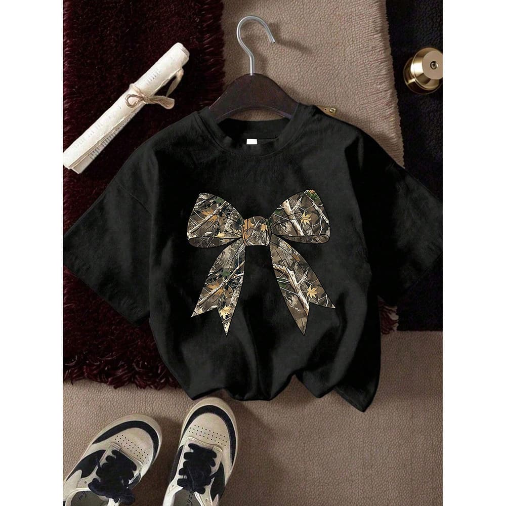 Kids’ Clothing Digital Bow Middle And Large Children's Loose Trendy Brand Round Neck Short Sleeved T Shirt Top Children's Clothing