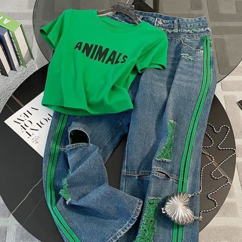 Women's Clothing Outfit With A Complete Set Of Fashionable Green Straight Shoulder T Shirt High Waist Ripped Jeans Two Piece Suit1