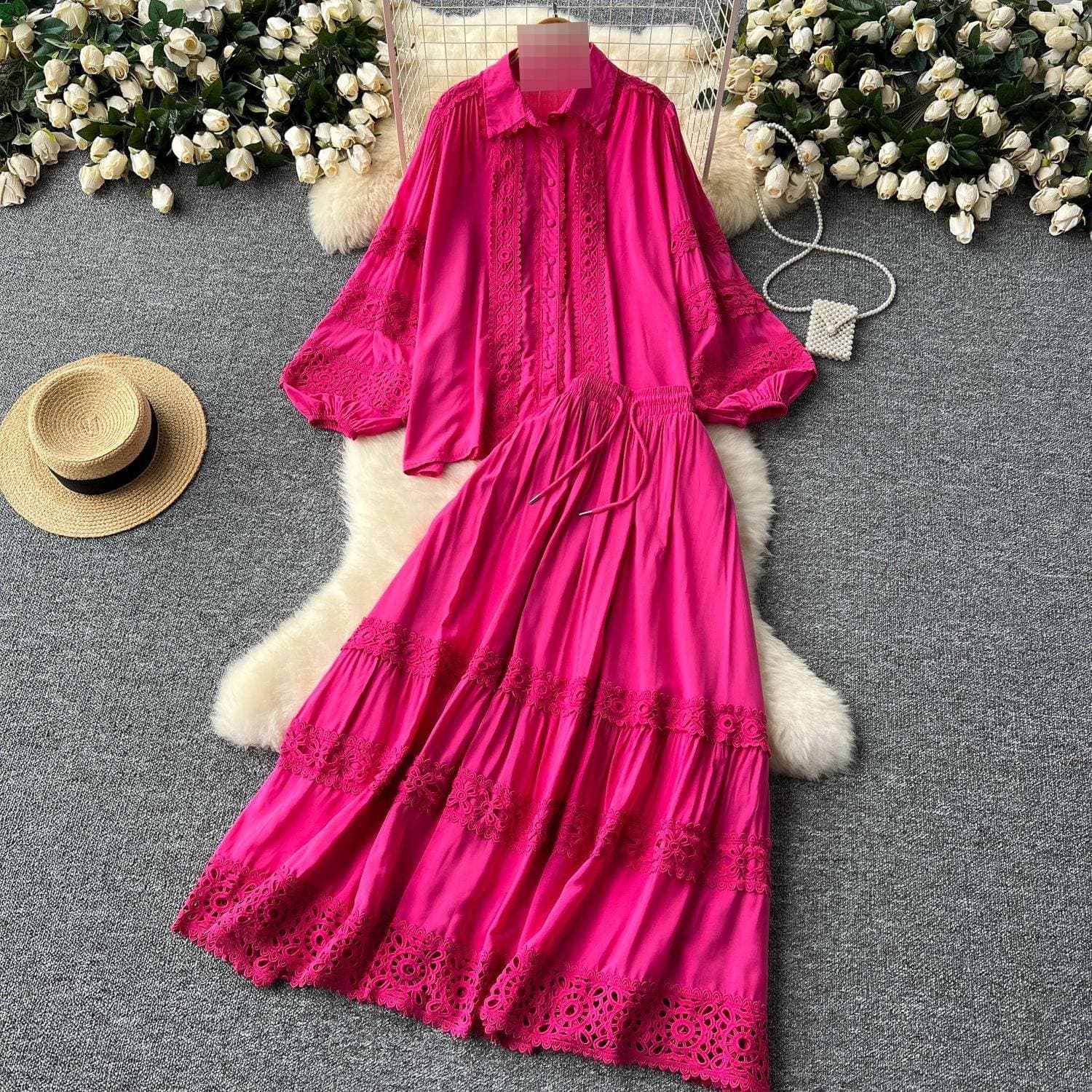 Women's Clothing Fashion Suit Women's Square Collar Bubble Short Sleeve Top Two-piece Set Elastic Waist High Waist Slimming A-line Skirt Summer