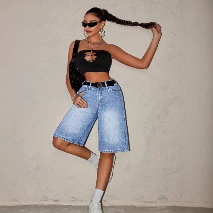High Waisted Loose Straight Leg Denim Shorts High Waisted Baggy Denim Shorts - Oversized Fit Distressed Washed Blue