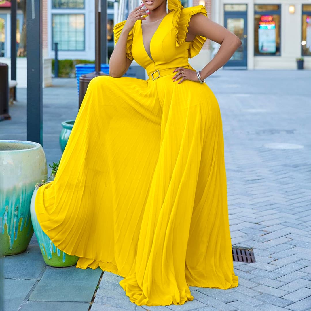 Women's Clothing sexy deep V pleated wide leg large size jumpsuit