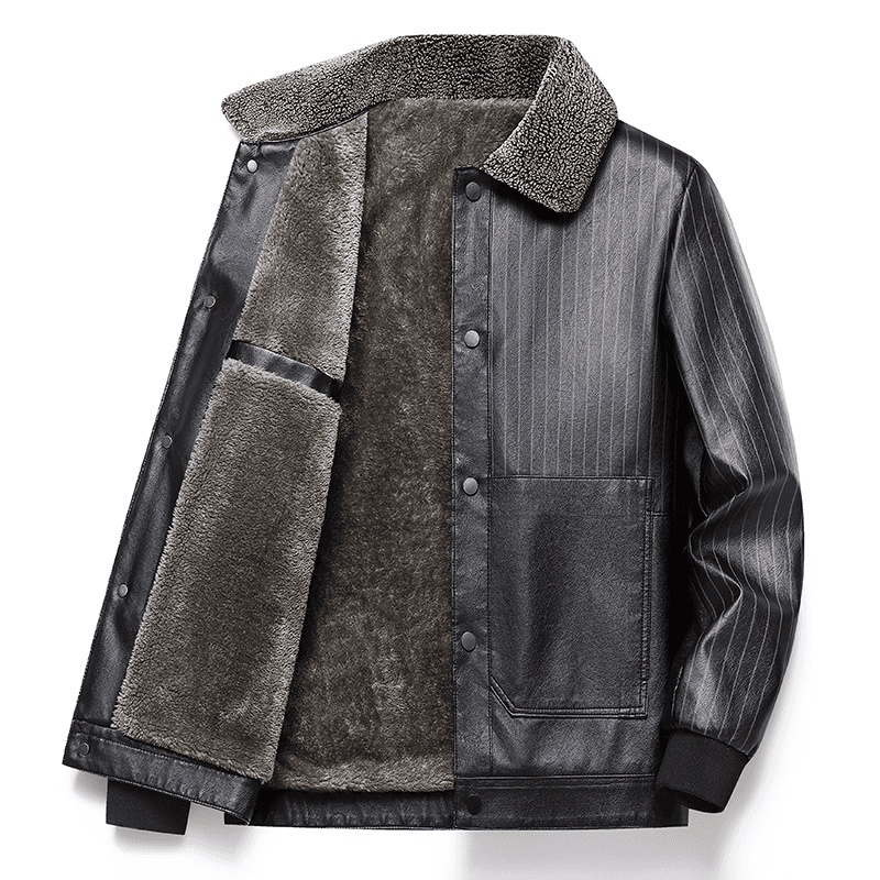 Men's Business Casual Leather Jacket - Mid-Length Fleece-Lined Coat With Notched Lapel, Premium Winter Outerwear