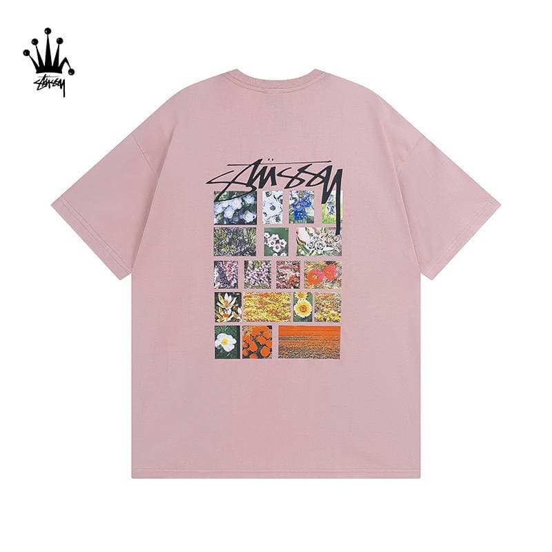 Stussy Flower Grid Pigment Landscape Printing Pattern Pure Cotton Short Sleeved T-shirt