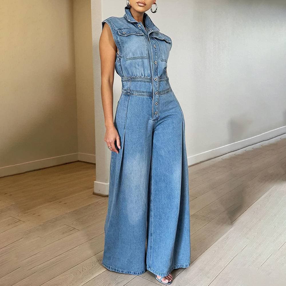 Women's Clothing New Style Casual Washed Sleeveless Denim Jumpsuit Wide Leg Pants