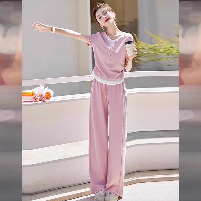 Women's Clothing Casual Sports Suit For Women In Summer Age Reducing Waist Slimming Short Sleeved Wide Leg Pants Two Piece Suit