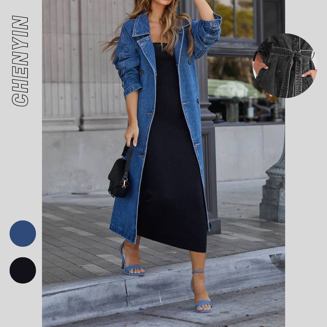Women's Clothing windbreaker denim cotton solid color double pocket long button loose coat