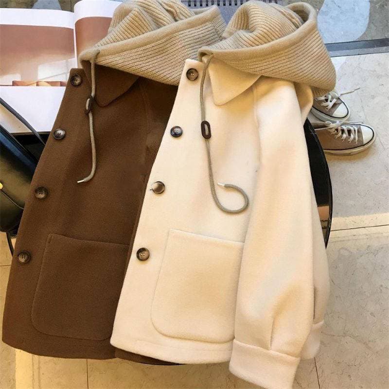Women's Clothing with label cut, patchwork knitted hooded woolen coat for women, autumn and winter design, niche coat trend