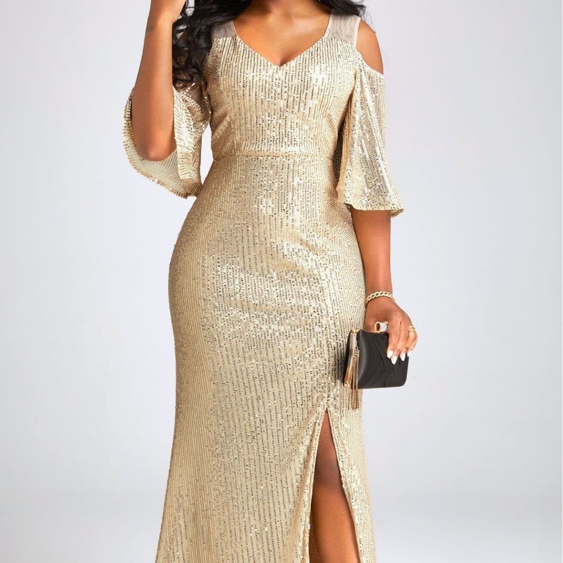 Women's Clothing autumn temperament one shoulder gold sequin annual party evening dress banquet evening dress dress