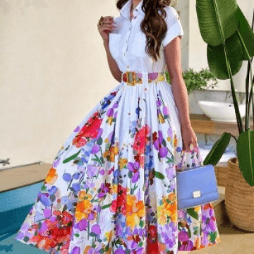 Women's Shirt Collar Big Hem Positioning Floral Print Short Sleeve Button Dress Includes Belt