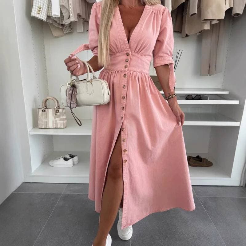 Women's Clothing Fashion Long Skirt V Neck Short Sleeve Loose Denim Long Button Dress