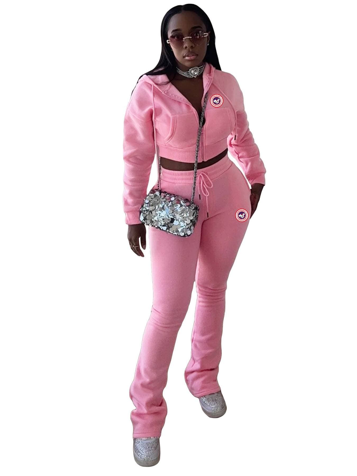 Women's Fashion Zipper Sweatshirt Hooded Cardigan Slim Fit Layered Flared Pants Two-Piece Set