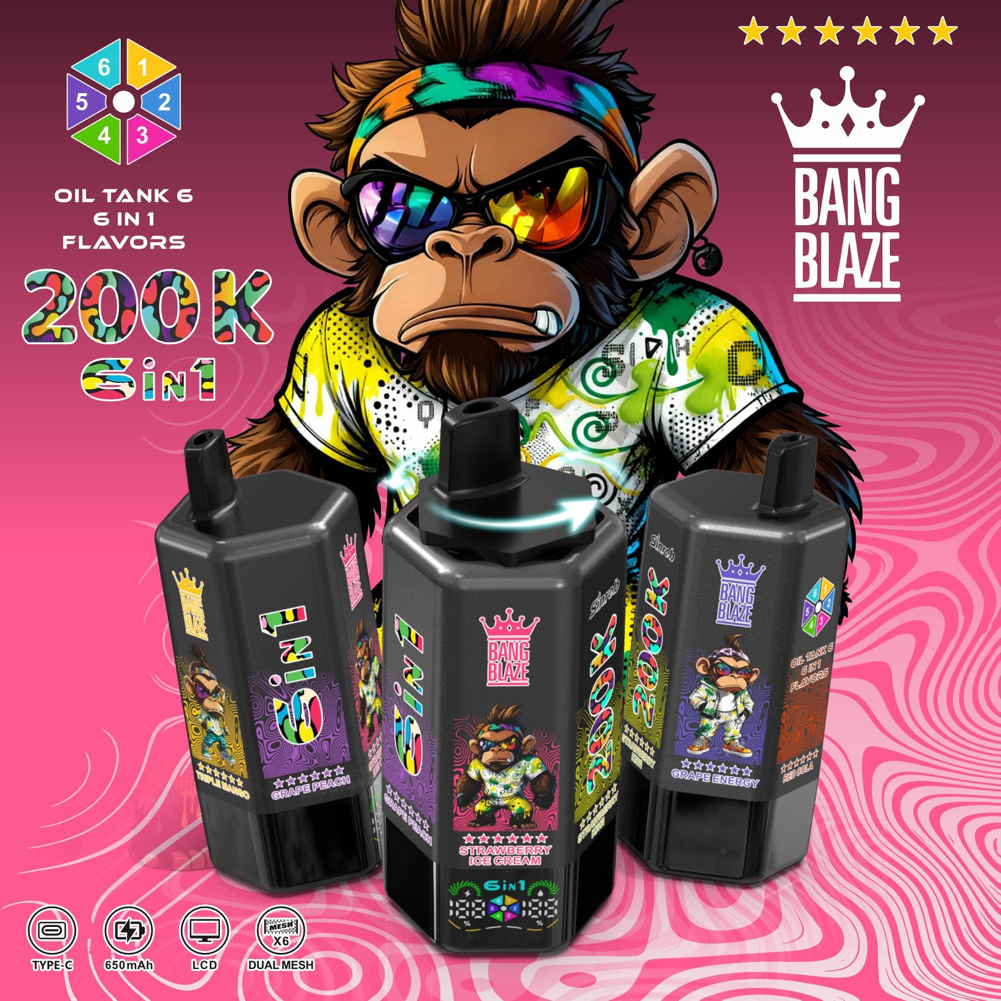 1 pièce Bang 6 saveurs 200K bouffées (200 000 bouffées) Cigarette électronique rechargeable avec 6 réservoirs d'huile et écran LCD Cigarette