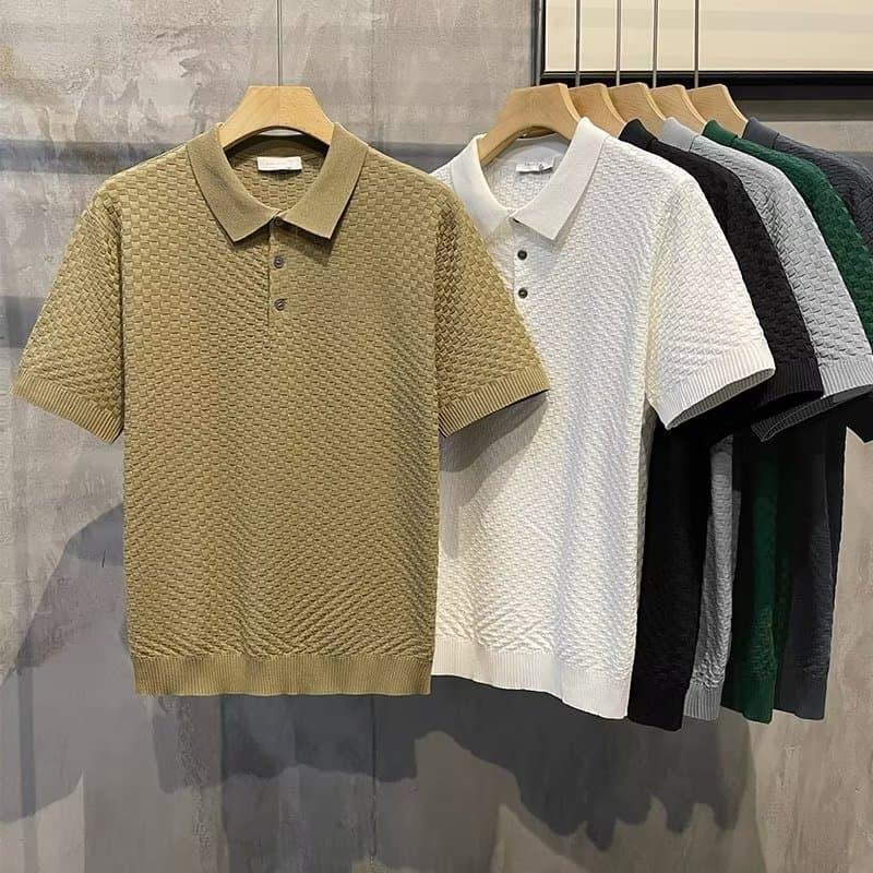 Men's Clothing Summer New Ins Lapel Short Sleeved Polo Shirt Men's Light Luxury All Match Solid Color Plaid Texture T Shirt