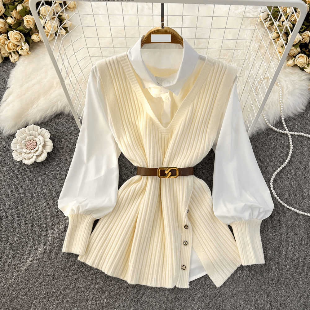 Women's Clothing New autumn and winter loose white shirt tops for women, design slit knitted vest, fashionable and age-reducing two-piece suit