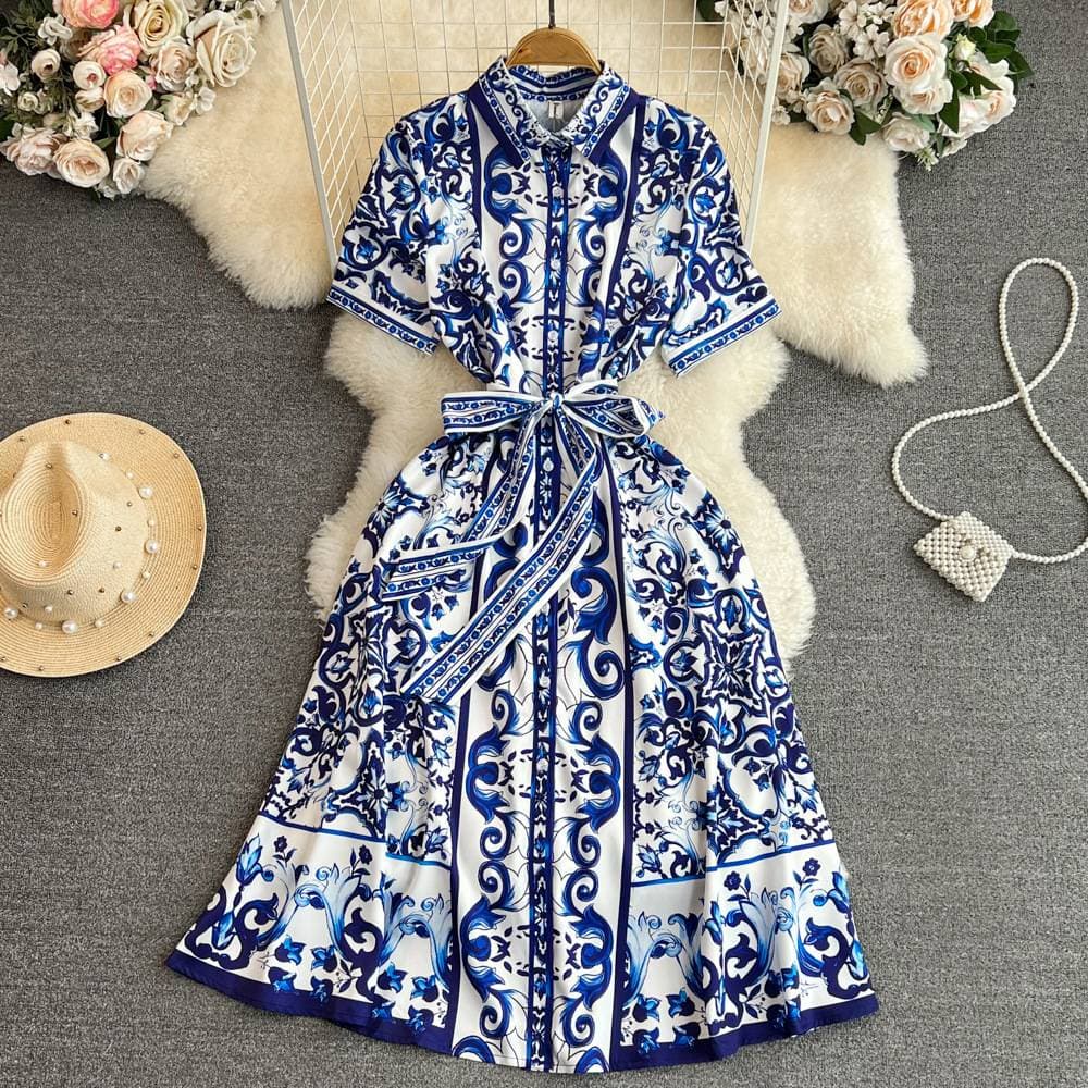 Women's retro palace style short-sleeved lapel waist slimming single-breasted celadon printed A-line shirt dress
