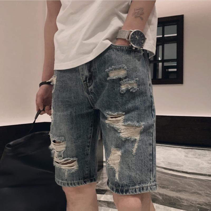 Men's Clothing Men's Distressed Denim Shorts - Summer Casual Loose Fit Low Waist Straight Leg Washed Light Blue Shorts For Teen Boys & Young Adults​